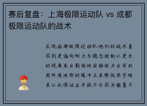 赛后复盘：上海极限运动队 vs 成都极限运动队的战术